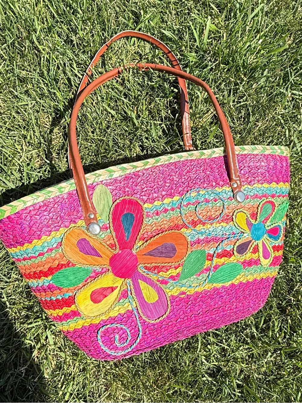 Vibrant Pink Floral Straw Tote Bag with Leather Handles
